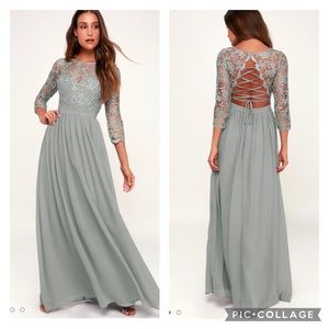 Lulus Touch My Heart Lacey Sage Grey Lace-Up Maxi Dress Size Small New With Tags